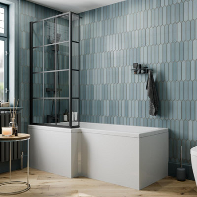 Aurora Bathroom L Shaped Bath Black Grid Shower Screen LH Front Panel White 1700mm