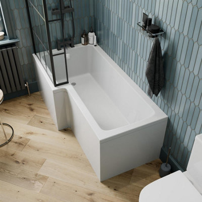 Aurora Bathroom L Shaped Bath Black Grid Shower Screen LH Front Panel White 1700mm
