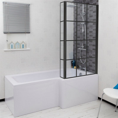Aurora Bathroom L Shaped Bath Black Grid Shower Screen RH Front Panel White 1700mm
