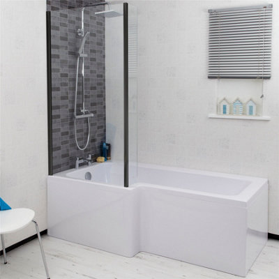 Aurora Bathroom L Shaped Bath Black Shower Screen Left Hand Front Panel White 1700mm