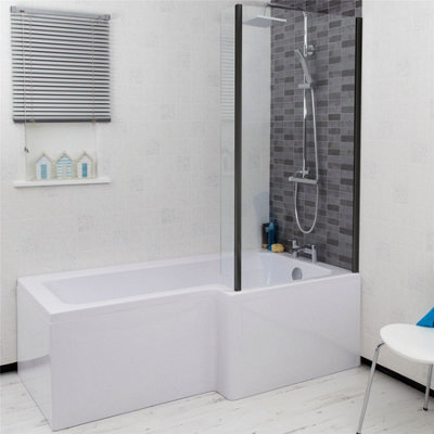 Aurora Bathroom L Shaped Bath Black Shower Screen Right Hand Front Panel White 1700mm