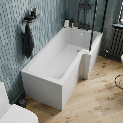 Aurora Bathroom L Shaped Bath Black Shower Screen Right Hand Front Panel White 1700mm