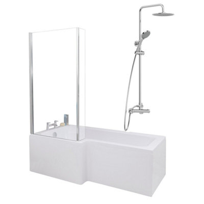 Aurora Bathroom L Shaped Shower Bath 1700mm LH Mixer Shower Screen Side Panel White