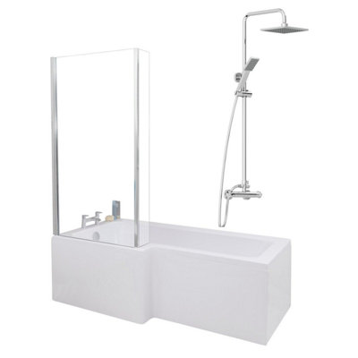 Aurora Bathroom L Shaped Shower Bath 1700mm LH Mixer Shower Screen Side Panel White