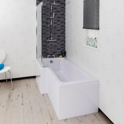 Aurora Bathroom L Shaped Shower Bath 1700mm LH Mixer Shower Screen Side Panel White