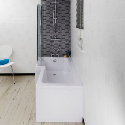 Aurora Bathroom L Shaped Shower Bath 1700mm LH Mixer Shower Screen Side Panel White