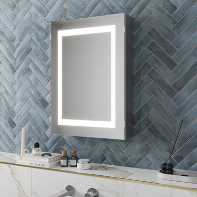 Aurora Bathroom LED Mirror Cabinet Illuminated Demister Pad Shaver Socket 500 x 700mm