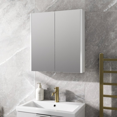 Aurora Bathroom Mirror Cabinet 2 Door Storage Cupboard Modern Wall Mounted White 600mm