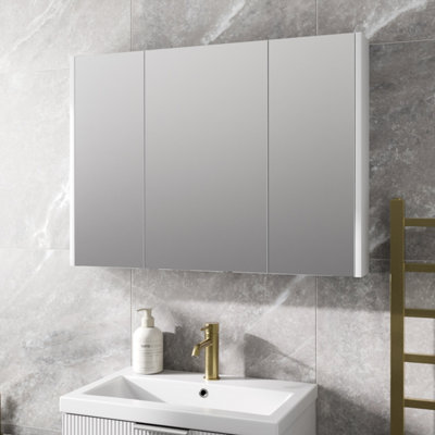 Aurora Bathroom Mirror Cabinet 900mm 3 Door Storage Cupboard Wall Hung Modern White