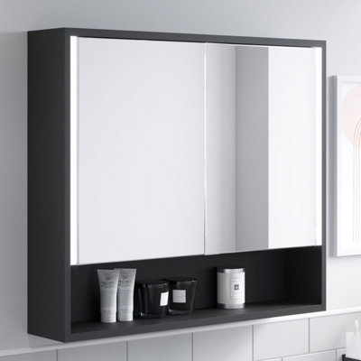 Aurora Bathroom Mirror Cabinet LED Wall Mounted 700x800mm Black ...