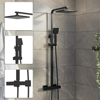 Aurora Bathroom Mixer Shower Thermostatic Dual Head Square Rainfall Handset Matte Black