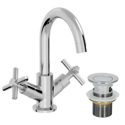 Aurora Bathroom Mono Basin Sink Mixer Tap Waste Modern Cross Head Handle Curved Spout