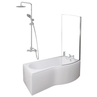 Aurora Bathroom P Shaped Shower Bath 1700mm RH Mixer Shower Screen Side Panel White