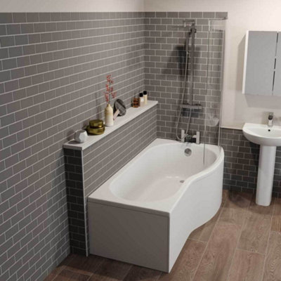 Aurora Bathroom P Shaped Shower Bath 1700mm RH Mixer Shower Screen Side Panel White