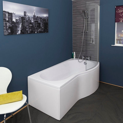 Aurora Bathroom P Shaped Shower Bath 1700mm RH Mixer Shower Screen Side Panel White