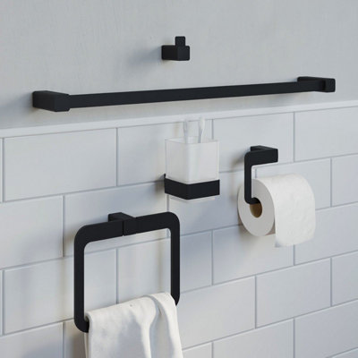 Aurora Bathroom Set Towel Ring Rail Toilet Roll Holder Robe Hook Tumbler Black Square