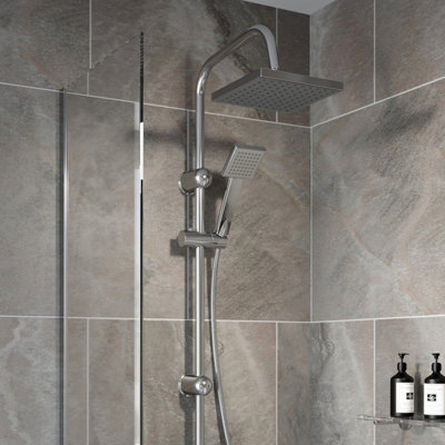 Aurora Bathroom Shower Kit Adjust Riser Rail Hose Twin Shower Heads Chrome Square Set