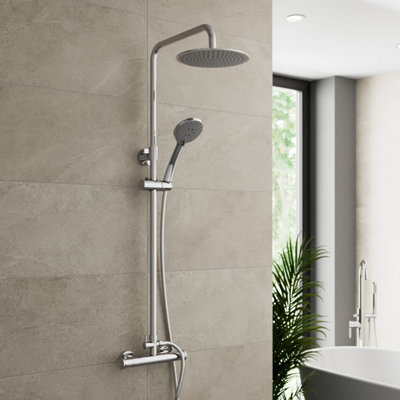 Aurora Bathroom Shower Mixer Thermostatic Set Twin Head Chrome Exposed Valve Round Set