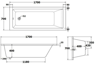Aurora Bathroom Single Ended 1700x700mm Square Bath Side End Panel Acrylic White Modern