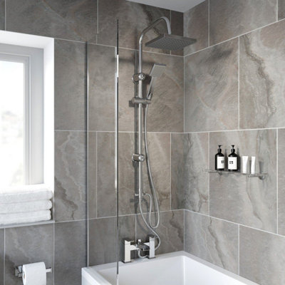 Aurora Bathroom Square Shower Mixer Waterfall Tap Kit Riser Rail Hose Chrome Twin Heads