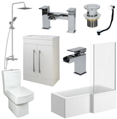 Aurora Bathroom Suite 1600mm L Shaped RH Bath Basin Vanity Unit Toilet Shower Taps Set
