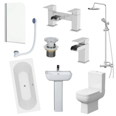 Aurora Bathroom Suite 1700mm Double Ended Bath Shower Screen Toilet Basin Pedestal Taps