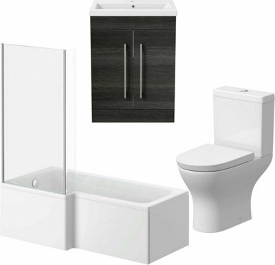 Aurora Bathroom Suite 1700mm LH L Shape Bath Screen WC Basin Vanity Unit Charcoal Grey