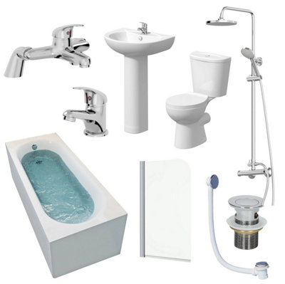 Aurora Bathroom Suite 1700mm Single Ended Bath Toilet Basin Pedestal Taps Shower Waste