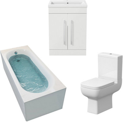 Aurora Bathroom Suite 1800 x 750 Single Curved Bath Toilet Basin Sink Vanity Unit White