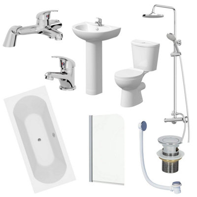 Aurora Bathroom Suite 1800mm Double Ended Bath Toilet Basin Pedestal Taps Shower Waste