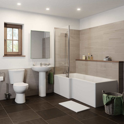 Aurora Bathroom Suite Close Coupled Toilet Basin Pedestal L Shaped LH Showerbath Screen