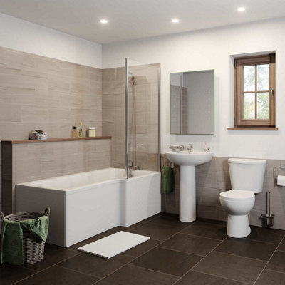 Aurora Bathroom Suite Close Coupled Toilet Basin Pedestal L Shaped RH Showerbath Screen