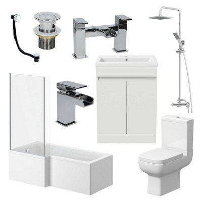 Aurora Bathroom Suite Complete LH 1700mm Bath Single Ended Basin Sink Taps Toilet WC