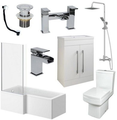 Aurora Bathroom Suite L Shaped 1600mm LH Bath Basin Vanity Unit Toilet Shower Taps Set