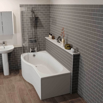 Aurora Bathroom Suite P Shaped Left Hand Shower Bath Glass Screen Front Bath Panel 1700