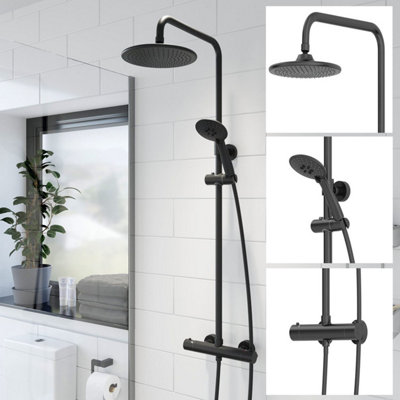 Aurora Bathroom Thermostatic Mixer Shower Set Round Matte Black Twin Head Exposed Valve