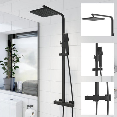 Aurora Bathroom Thermostatic Mixer Shower Set Square Black Twin Head Exposed Valve