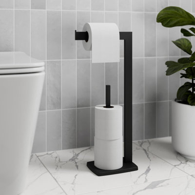 Aurora Bathroom Toilet Roll Holder Matt Black Free Standing Accessories Stainless Steel