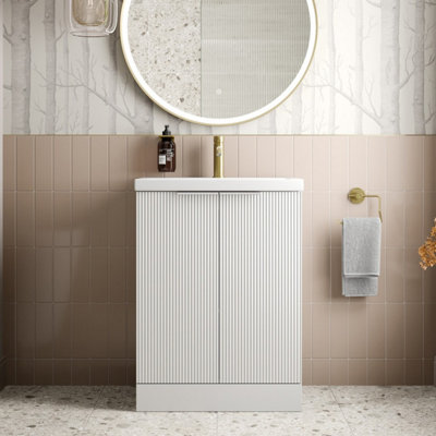 Aurora Bathroom Vanity Unit Fluted Freestanding Basin Sink 600mm Cabinet Storage White