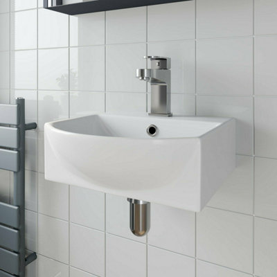 Aurora Bathroom Wall Hung Basin Hand Wash Sink 1 Tap Hole White Gloss Cloakroom Modern