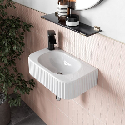 Aurora Bathroom Wall Hung Basin Sink Fluted Gloss White 1 Tap Hole Modern 446 x 265mm