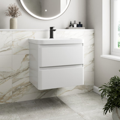Aurora Bathroom Wall Hung Vanity Unit Wash Basin Base Cabinet Two Drawers Storage White