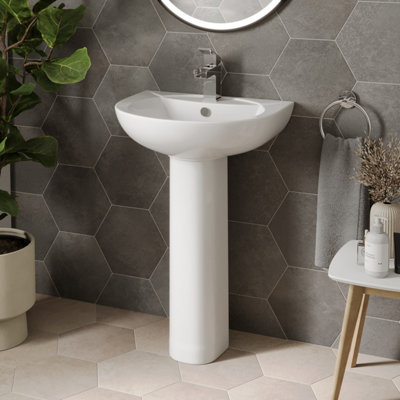 Aurora Bathroom Wash Basin Sink Full Pedestal Single Tap Hole Modern Cloakroom White