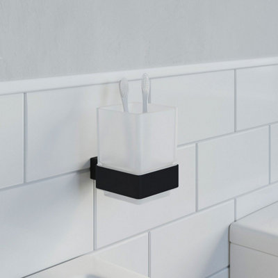 Aurora Bathroom WC Tumbler Toothbrush Holder Black Square Wall Mounted Stylish Modern