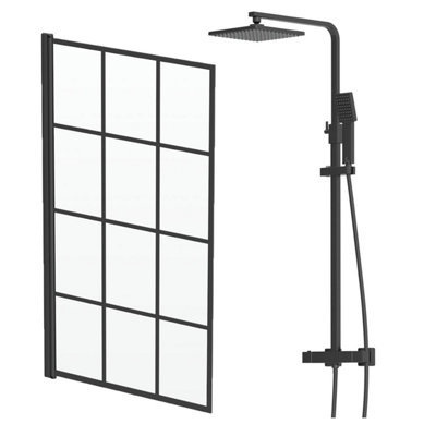 Aurora Black Grid Bath Screen & Thermostatic Mixer Shower Set Square Modern 6mm Glass