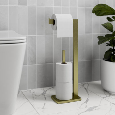 Aurora Brushed Brass Freestanding Toilet Roll Holder Square Modern Bathroom Accessories