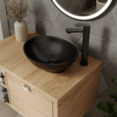 Aurora Ceramic Bathroom Vanity Wash Basin Sink Countertop Oval Modern 405 x 330mm Black