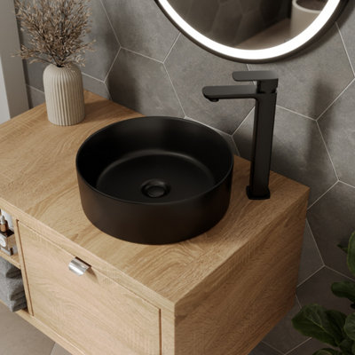 Aurora Ceramic Bathroom Vanity Wash Basin Sink Countertop Round Modern 352x352mm Black