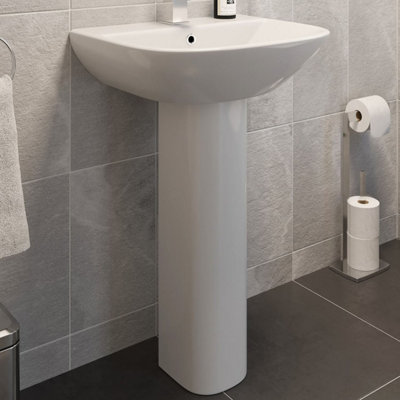 Aurora Ceramic Modern Bathroom Basin and Full Pedestal Single Tap Hole Sink White 550mm