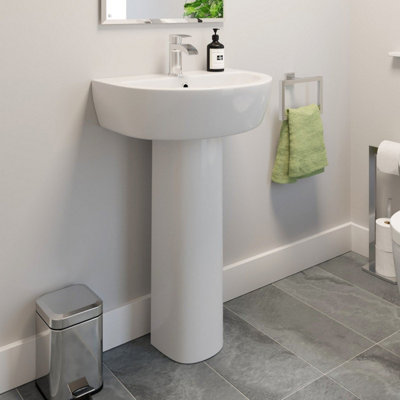 Aurora Ceramic Modern Bathroom Basin and Full Pedestal Single Tap Hole Sink White 560mm
